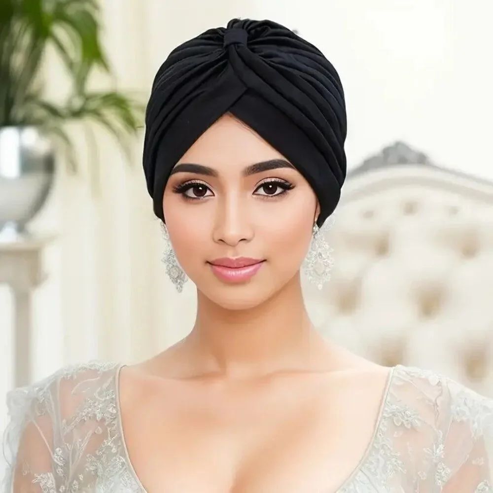 Elegant Women's Pleated Headscarf Cap Lightweight Breathable Polyester Solid